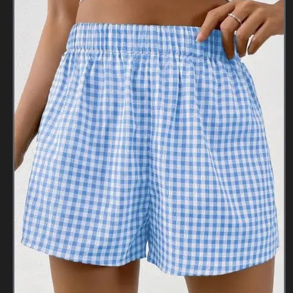 SHEIN Blue Checkered High Waist Shorts - Picture 1 of 4